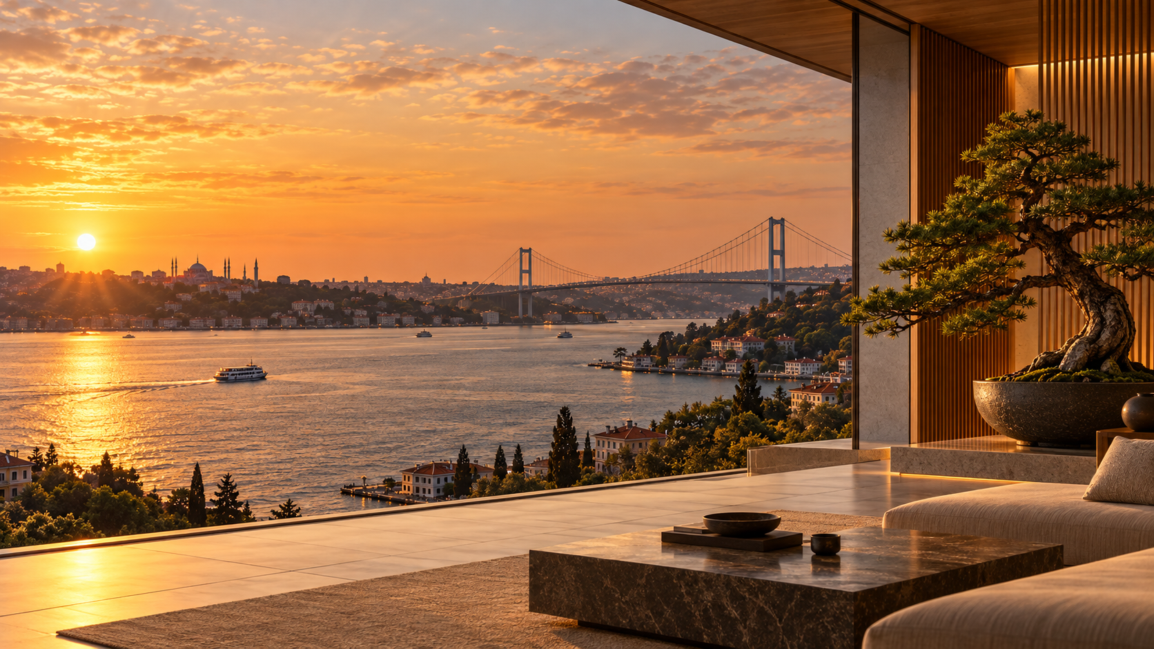 Istanbul Bosphorus at sunset seen from a restrained Japanese-inspired interior with a large bonsai